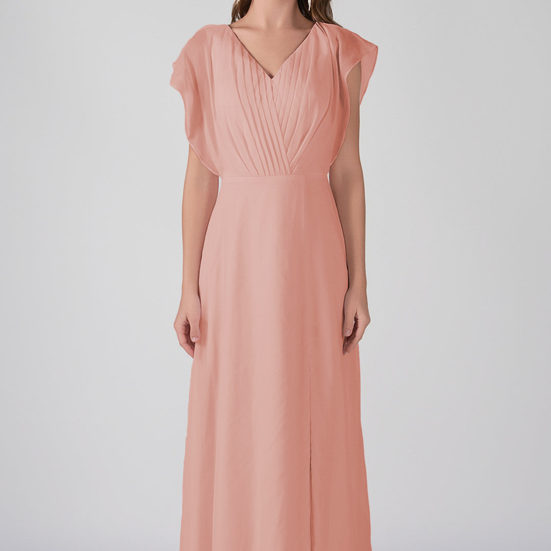 V-Neck Flutter Sleeves Pleats A-Line Maxi Dress