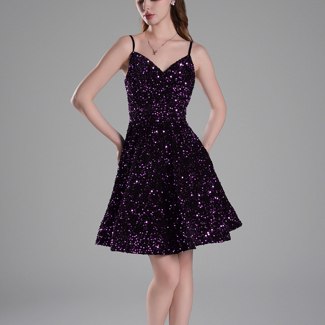 Sweetheart Neck Shimmering Sequins Mini Dresses