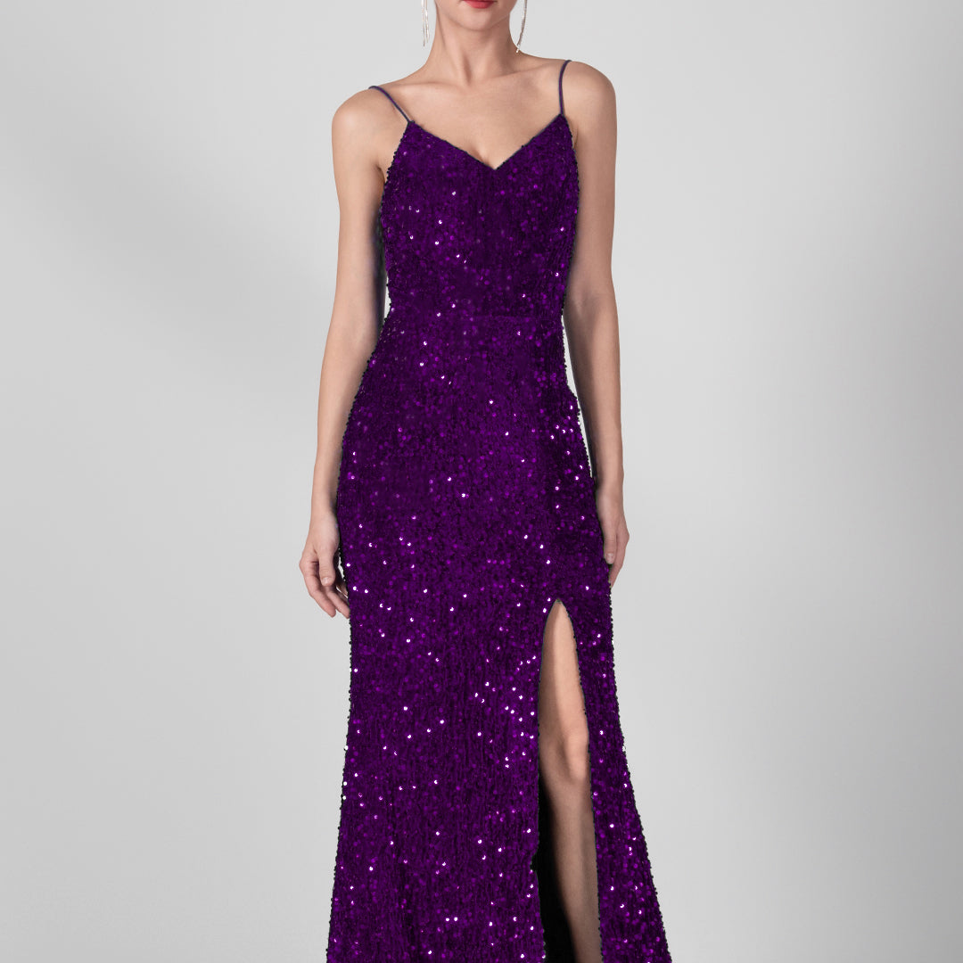 Spaghetti Straps Sequin High Slit Backless Dresses
