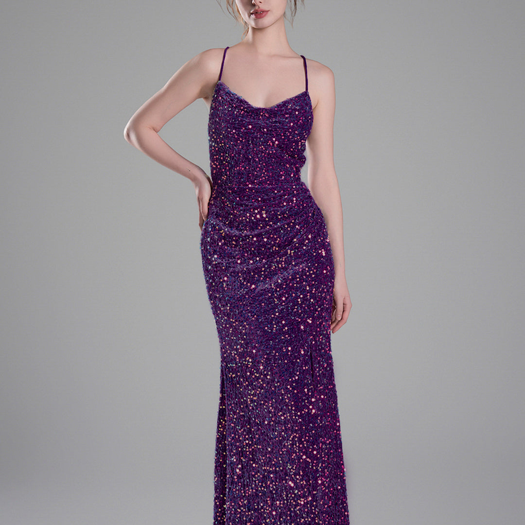 Cowl Neckline Eye-Catching Sequin Lace-Up Dresses