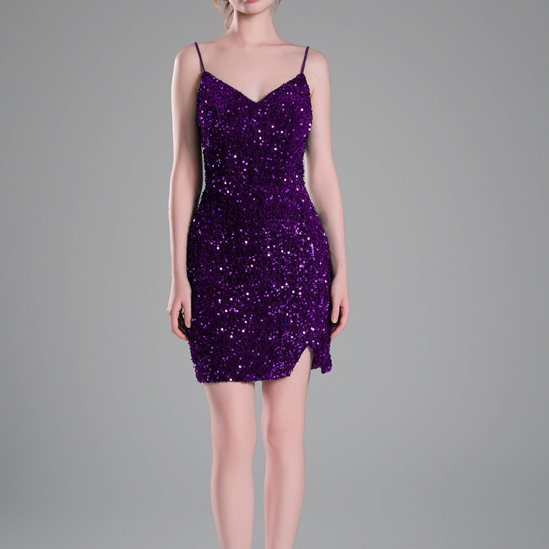 Spaghetti Straps Sparkling Velvet Sequin Mini Dress