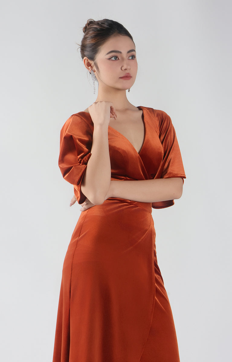 Flutter Sleeves V-Neck Velvet Dress With Slit Red main image 0