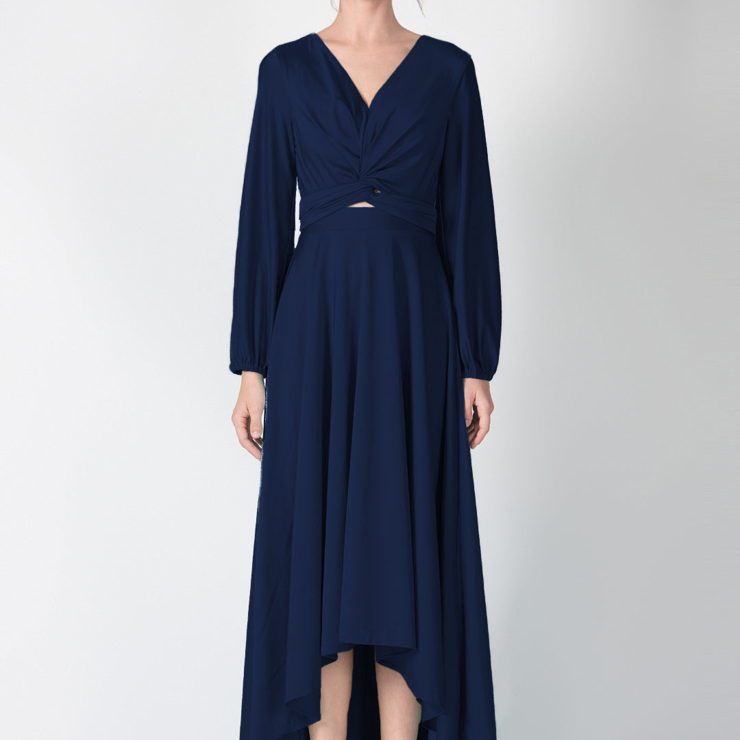 V-Neck Twist Front Detail High-Low Dresses