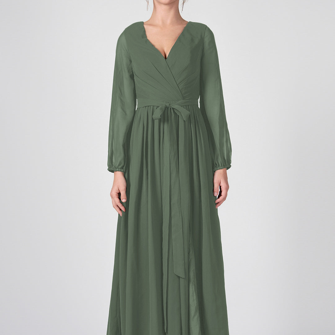 Ruched V-Neck Long Sleeve Split Maxi Dresses with Tie