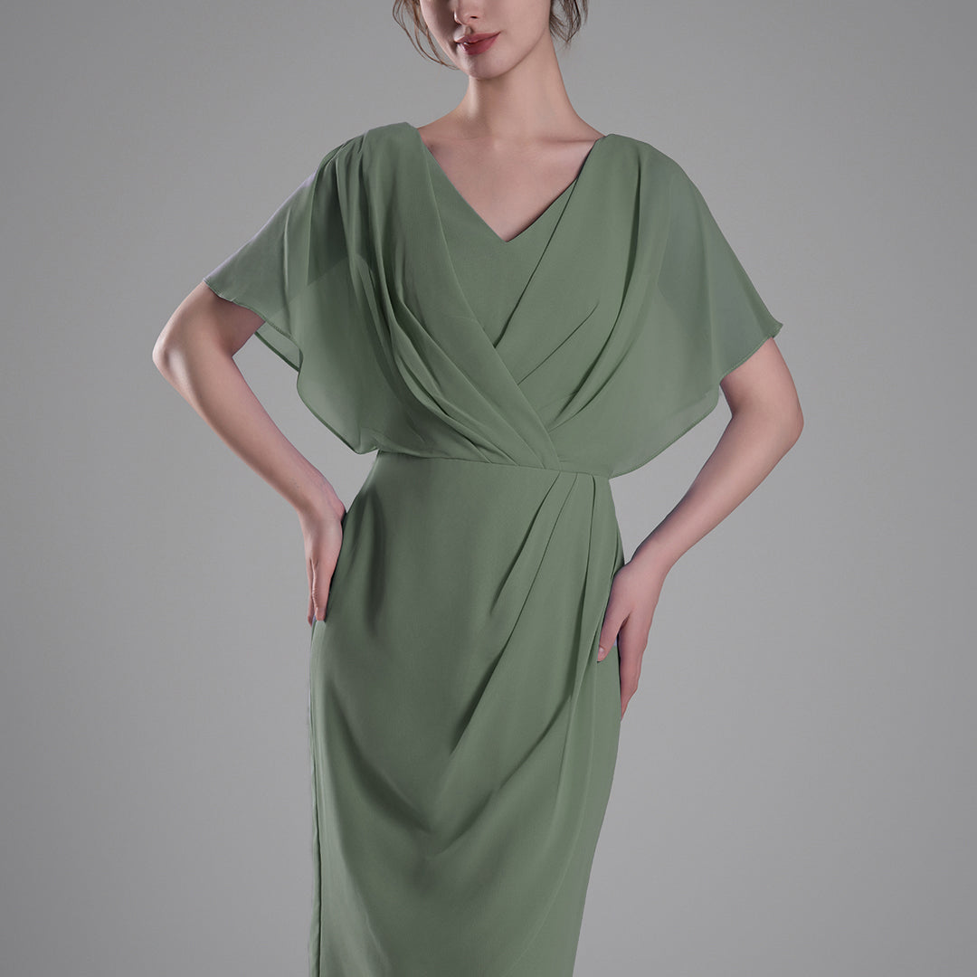 V-neck Pleated Cape Knee-length Dresses