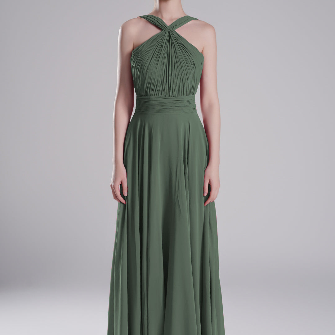 Halter Neck Cross Straps Pleated Waist A-Line Dresses