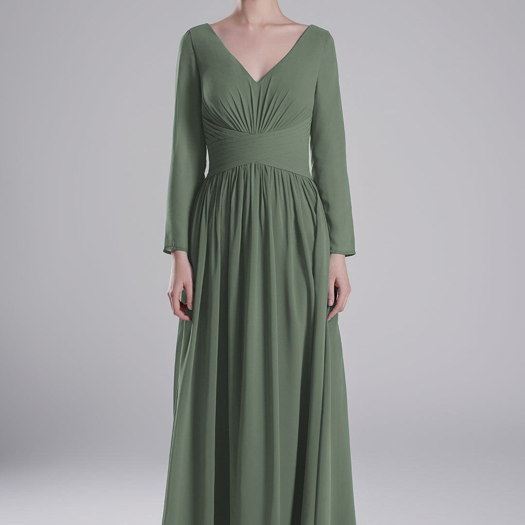 V-Neck Pleated Fitted Waist Flowing A-Line Dresses