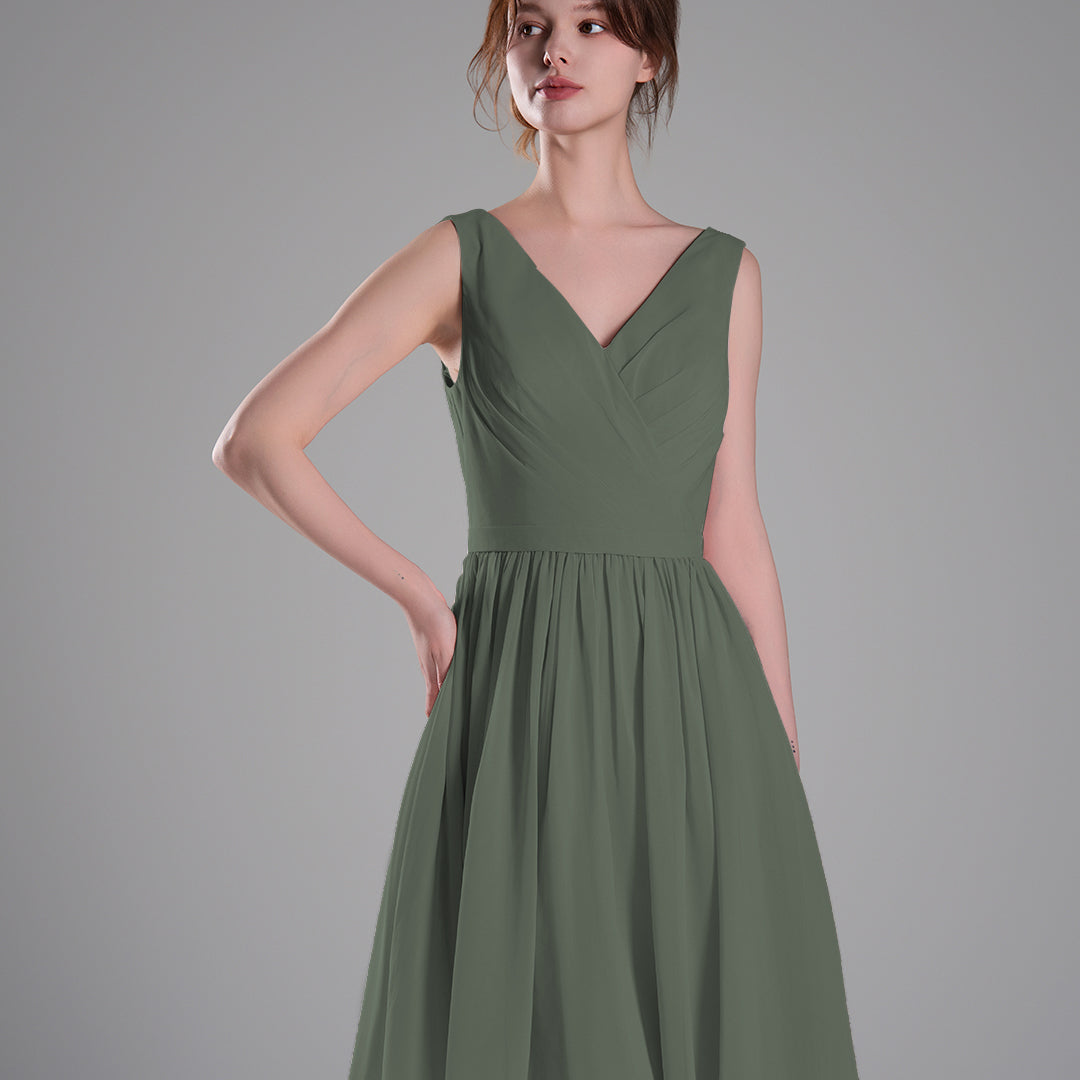 V-Neck Sleeveless Pleated Bodice Flowing Mini Dresses