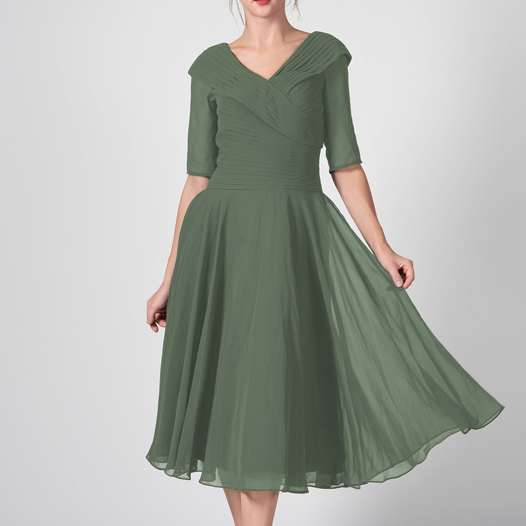 V-Neck Pleated A-Line Mother of the Bride Midi Dresses