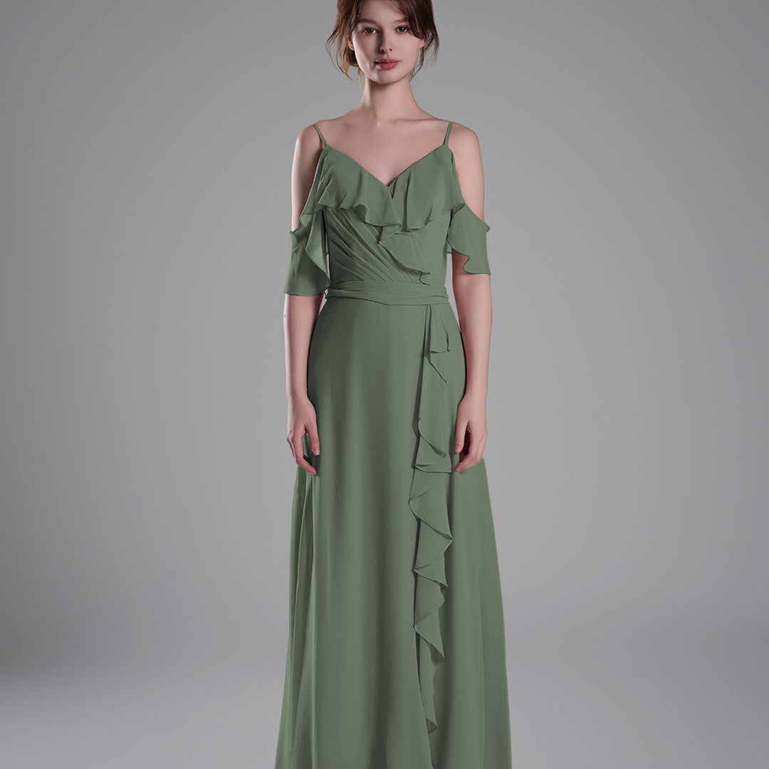 Adjustable Straps Ruffled Chiffon Long Dresses