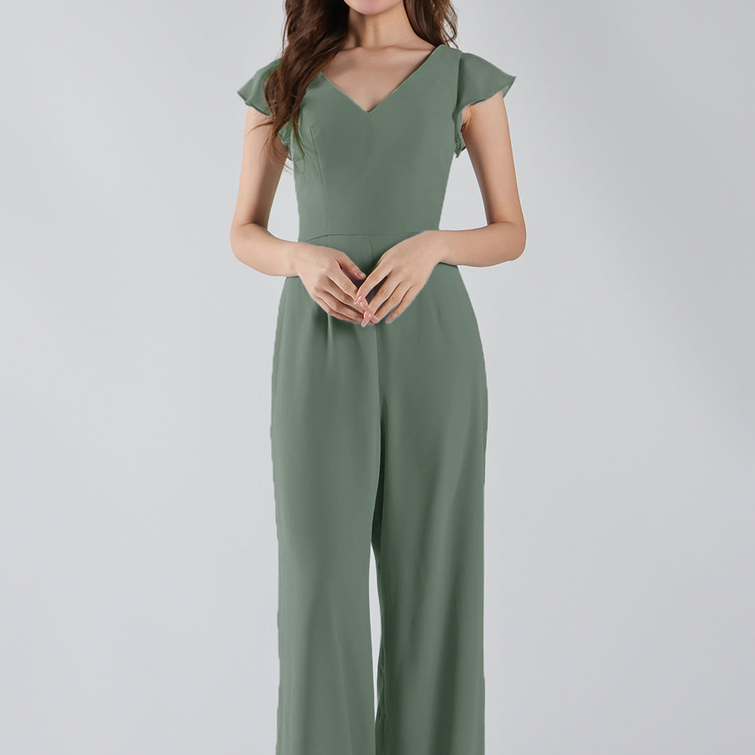 V-Neck Flutter Sleeves Wide-Leg Chiffon Jumpsuit