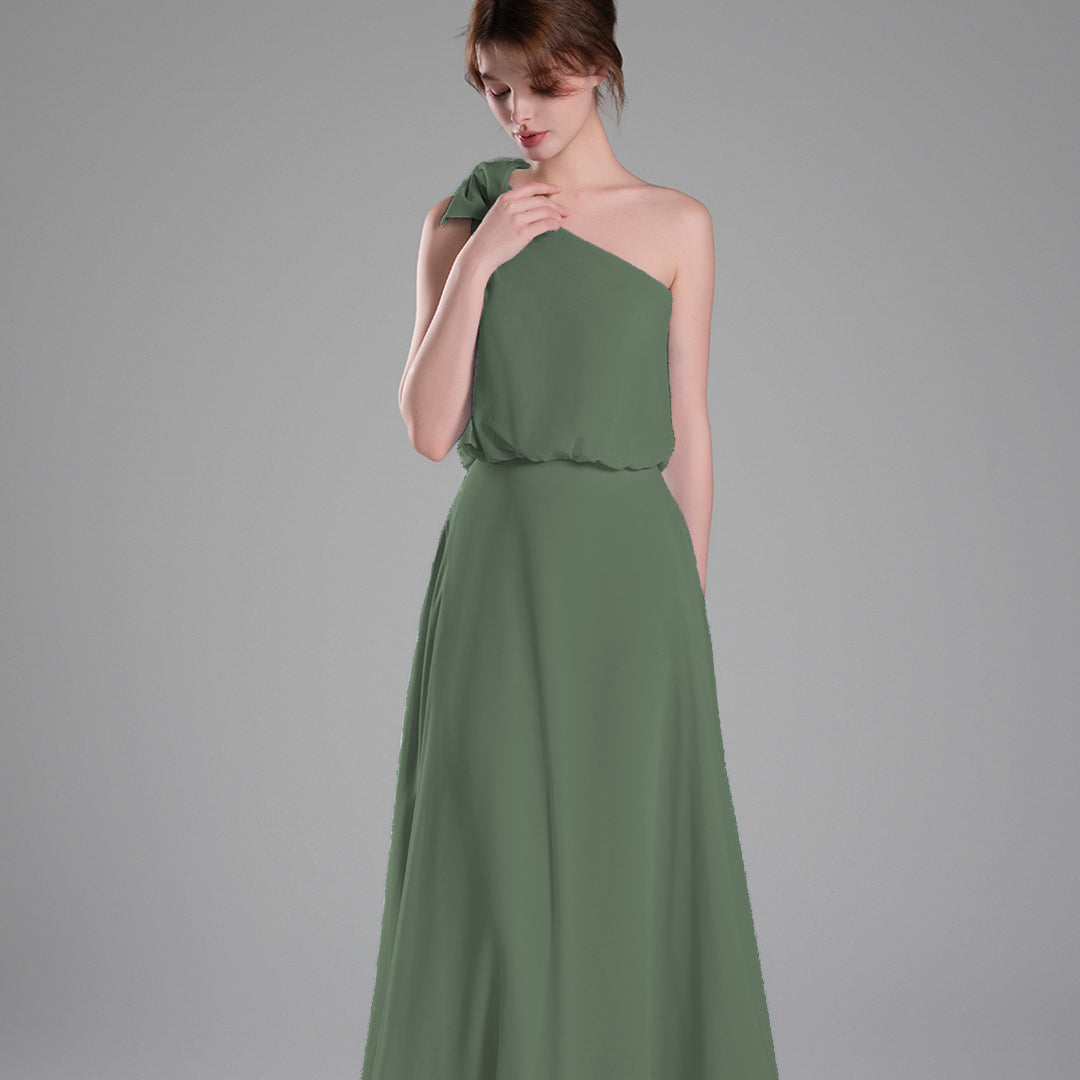 One-Shoulder Bow Detail Flowing A-Line Dresses