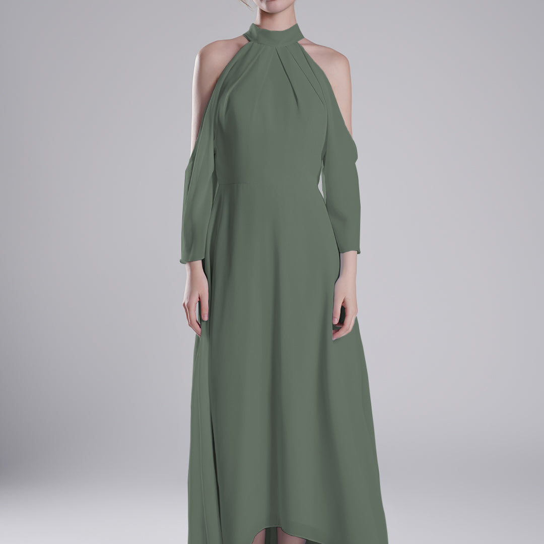 Back Tie Halter Neckline Tulle Long Sleeve Dresses