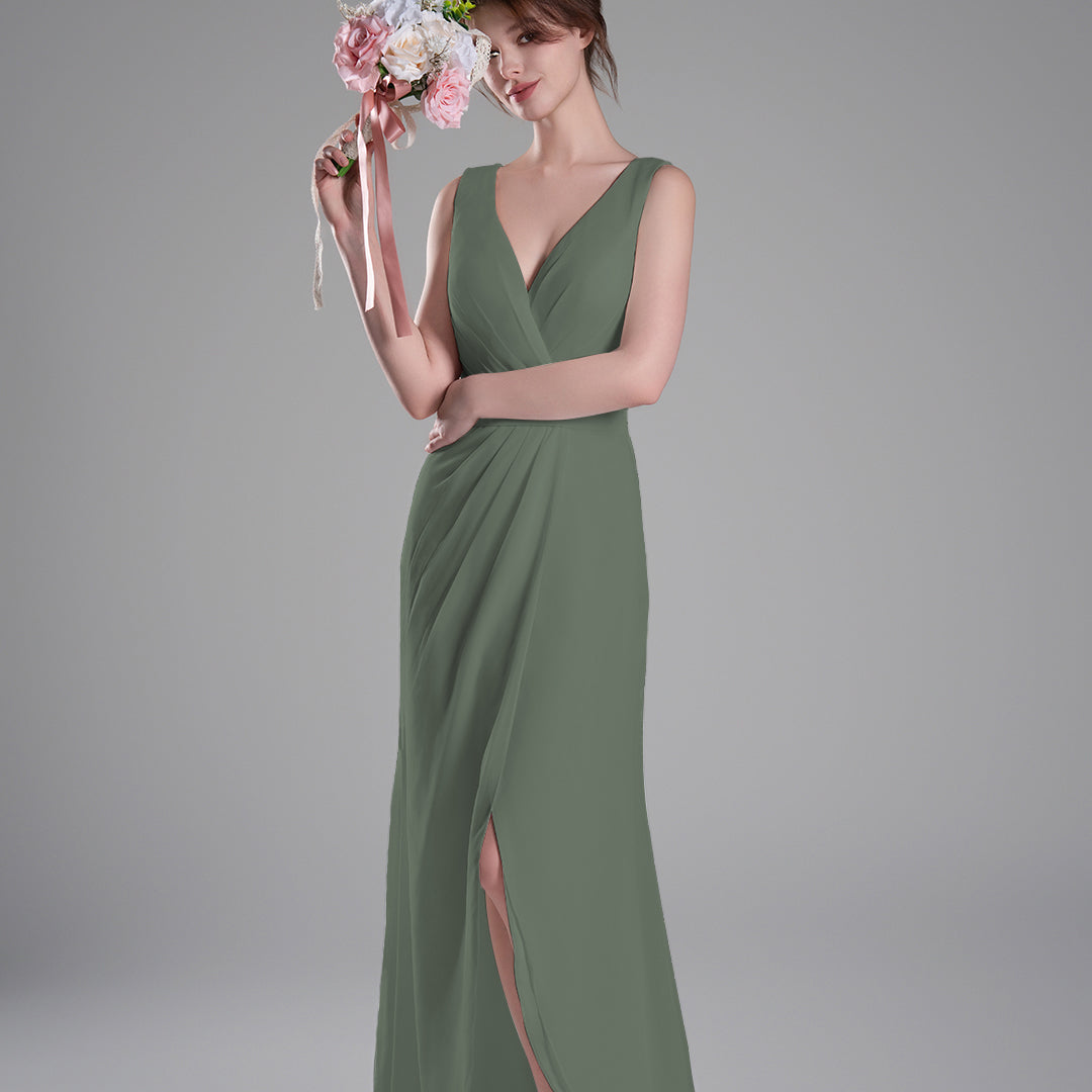 V-Neck Crossover Bodice Pleated Front Slit Dresses