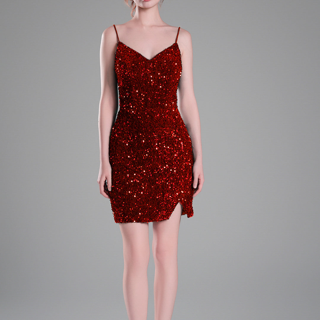 Spaghetti Straps Sparkling Velvet Sequin Mini Dress