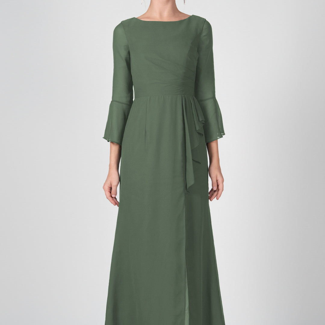 Bateau Neck Sheer Sleeve Split Maxi Dresses