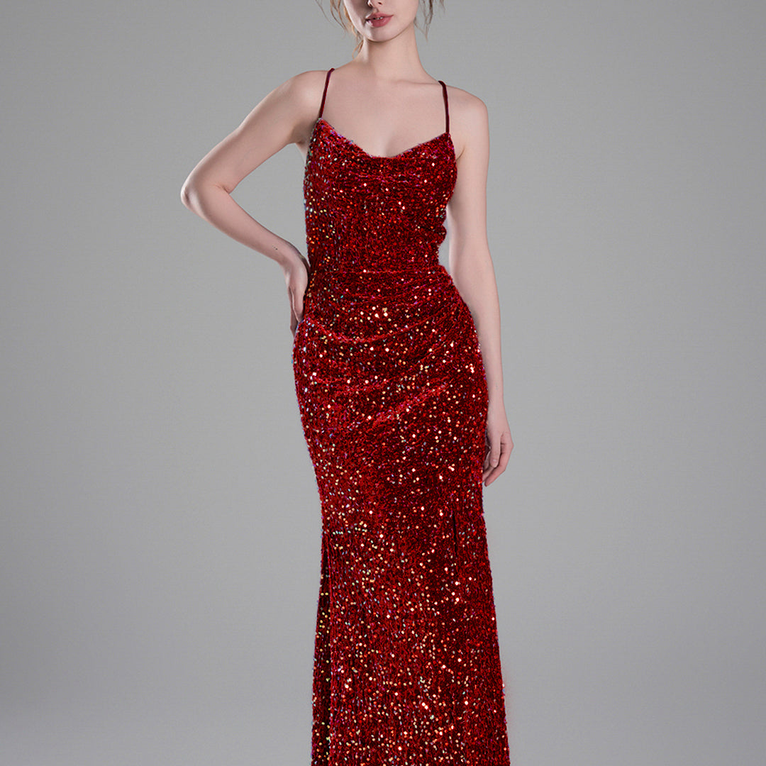 Cowl Neckline Eye-Catching Sequin Lace-Up Dresses