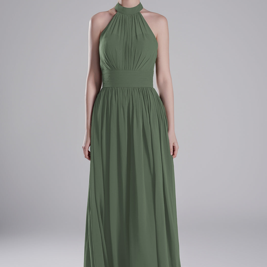 Halter Neckline Pleated Bodice Open Back A-Line Dresses