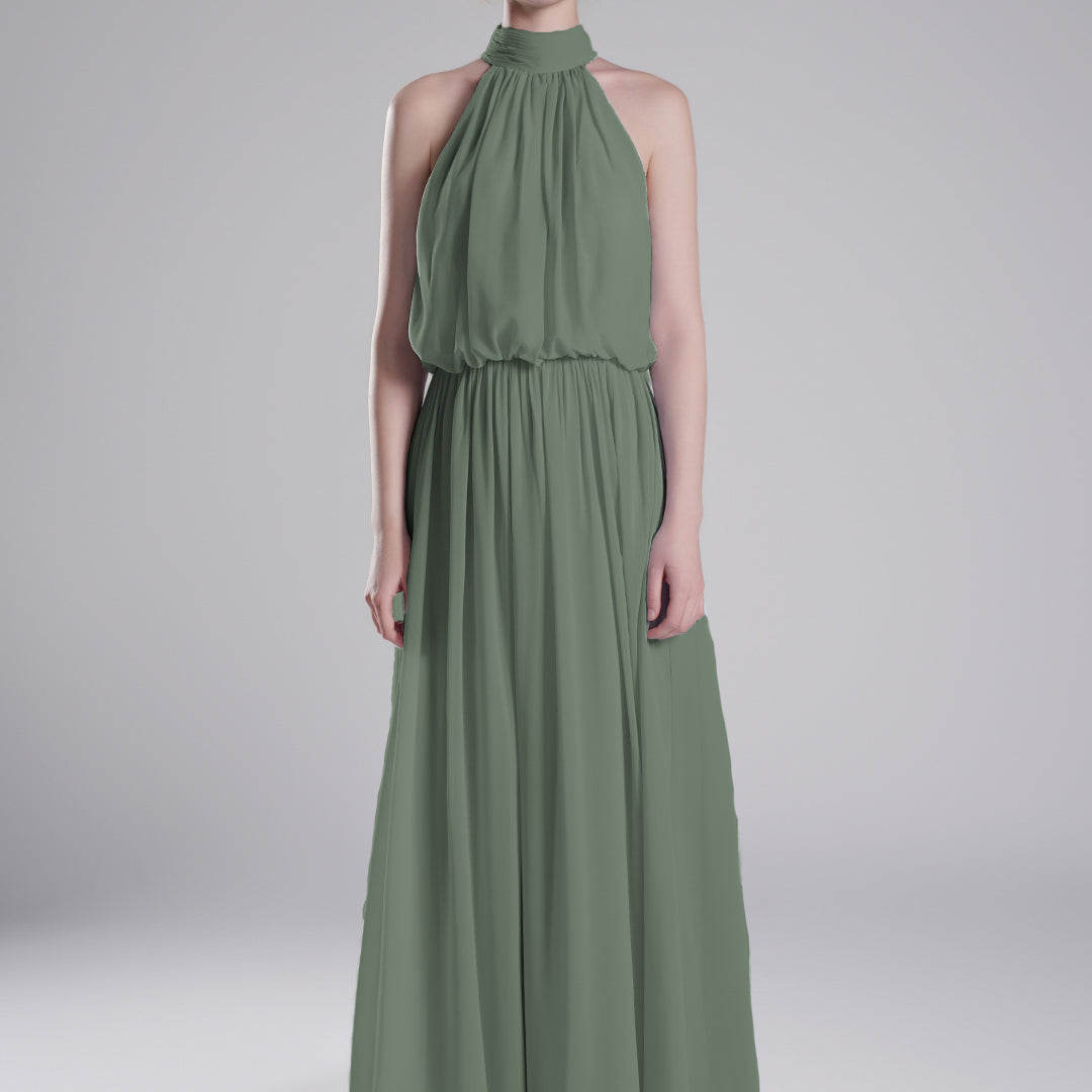 High Halter Neck Pleated Flowing A-Line Dresses