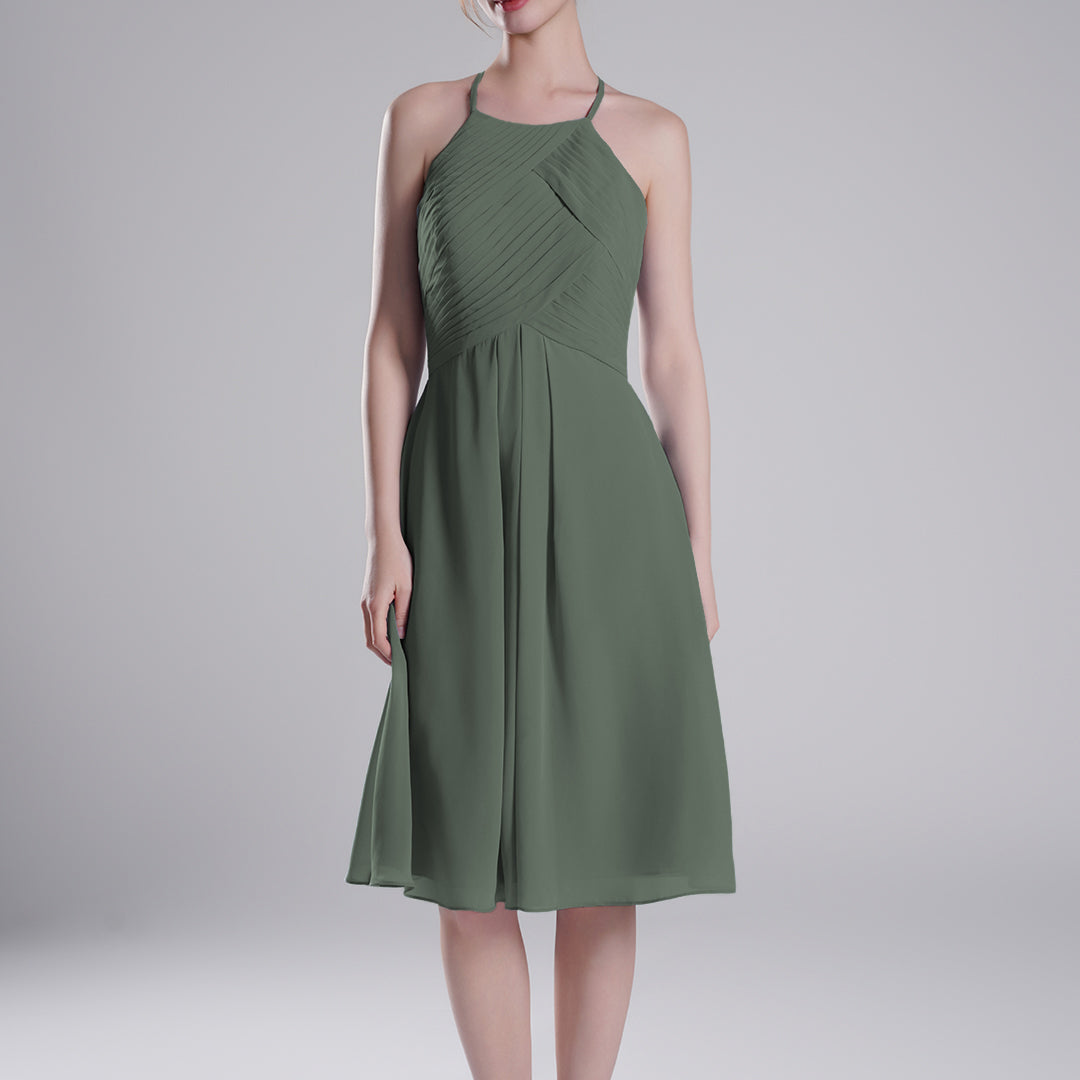 Halter Neckline Pleated Bodice Open Back Mini Dresses