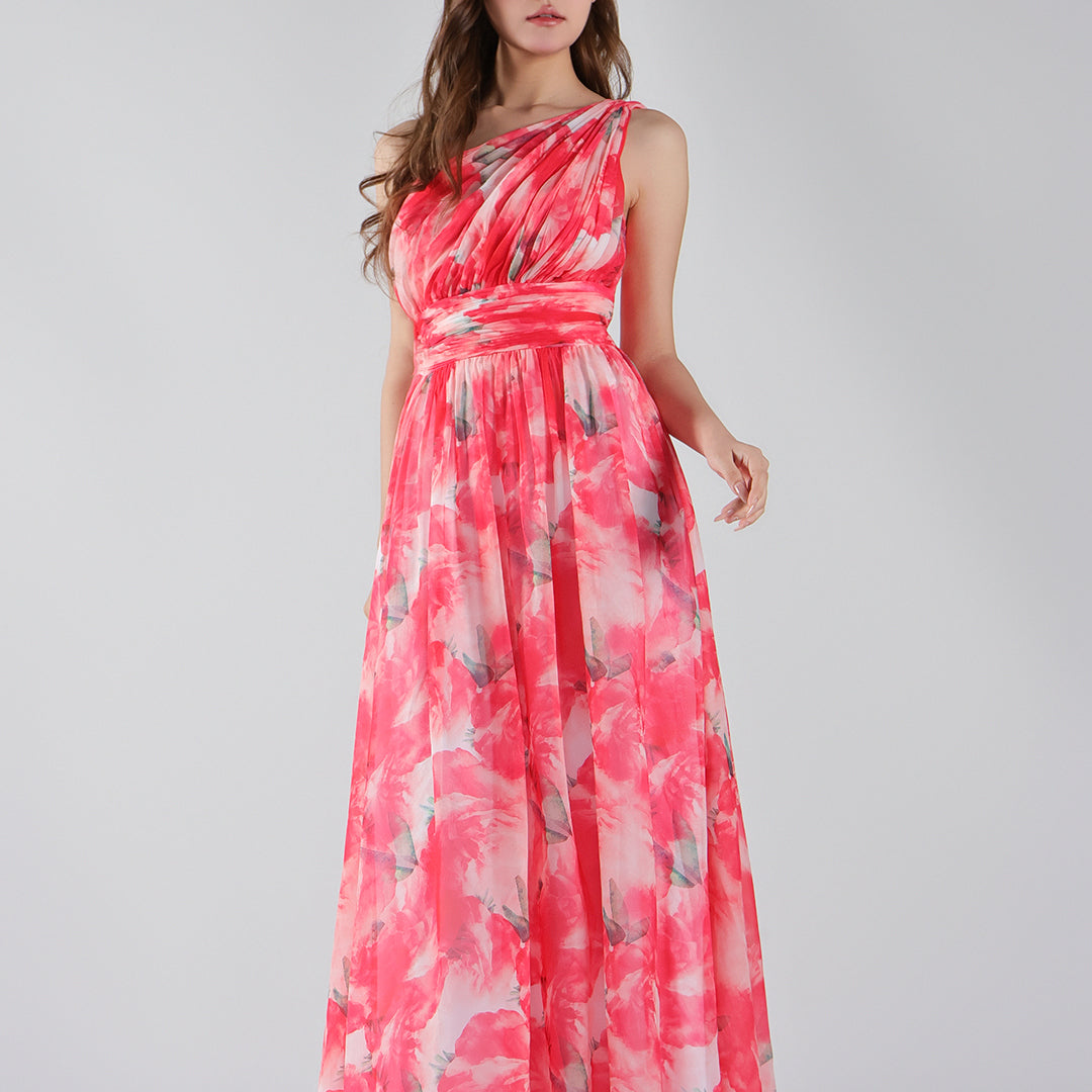 One Shoulder Floral Print Pleated Waist Dresses