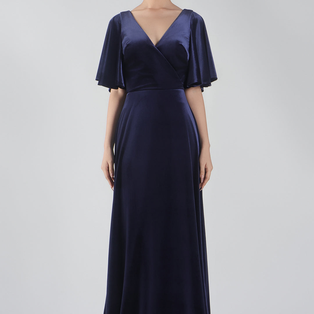 Velvet Flutter Half Sleeve V-Neck Floor Length Dresses
