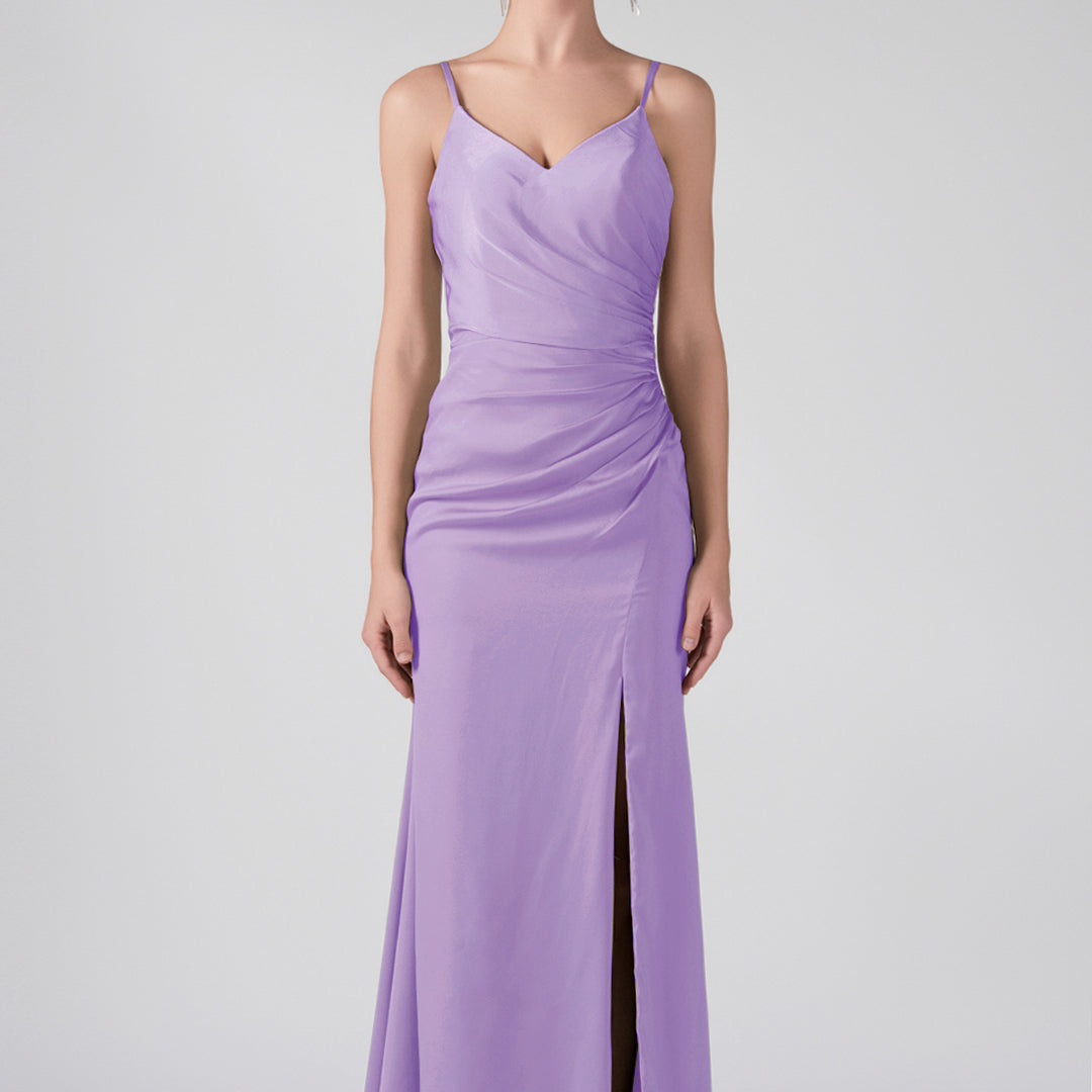 V-Neck Spaghetti Straps Front Split Ruffles Maxi Dress