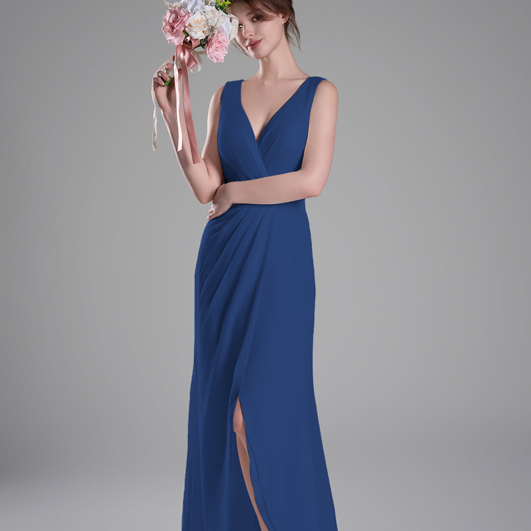 V-Neck Crossover Bodice Pleated Front Slit Dresses