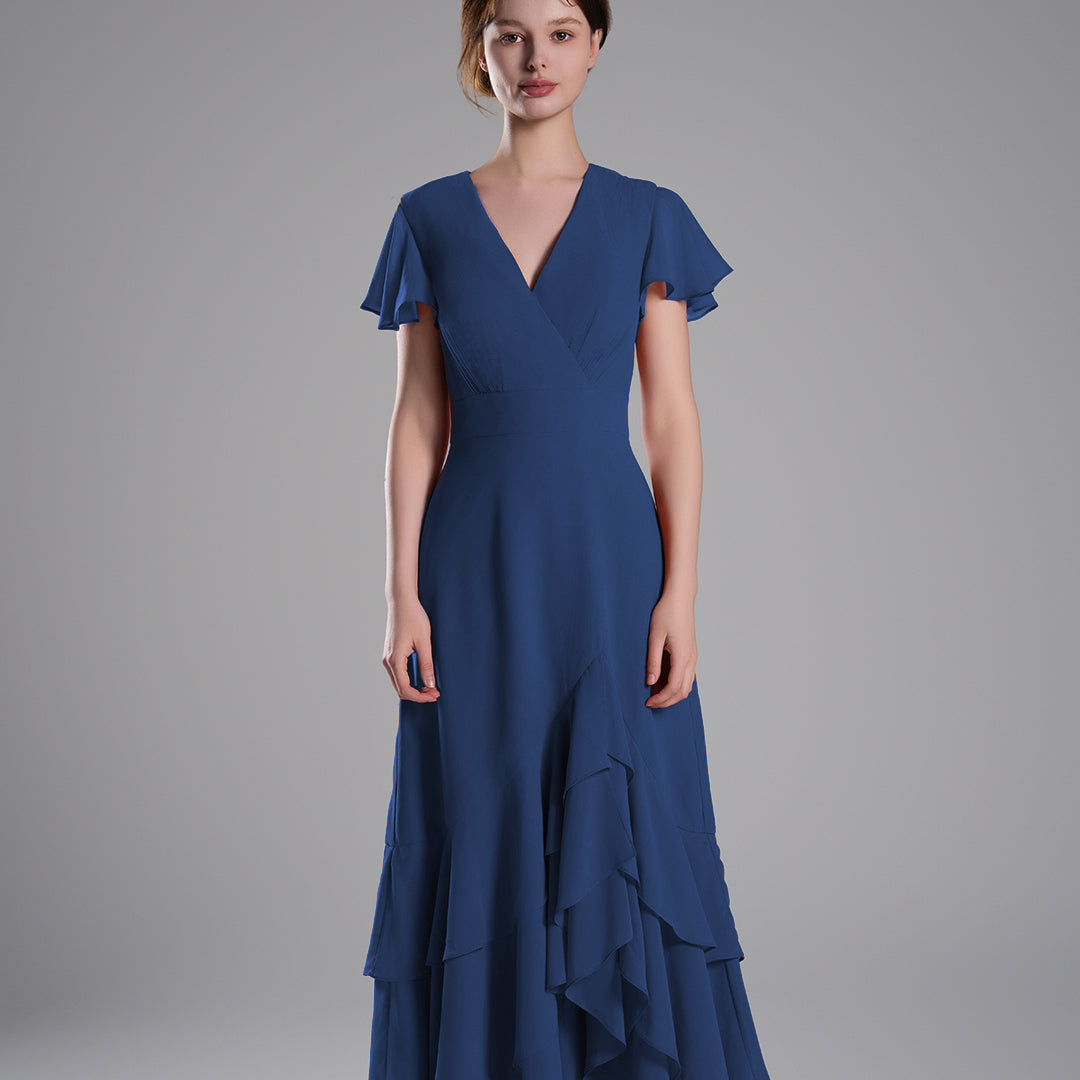 V-Neck Flutter Sleeves Asymmetrical Hemline Dresses