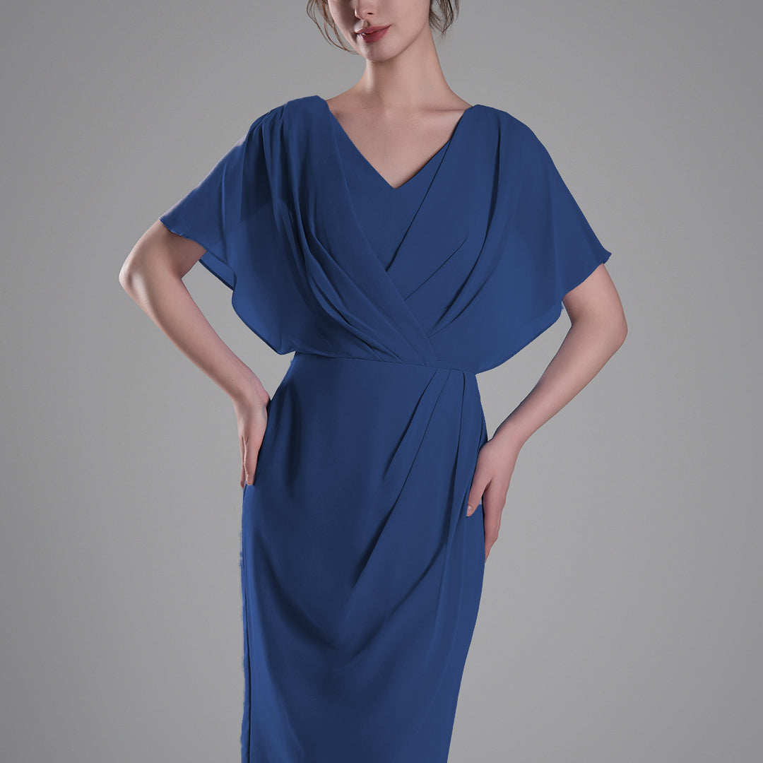 V-neck Pleated Cape Knee-length Dresses
