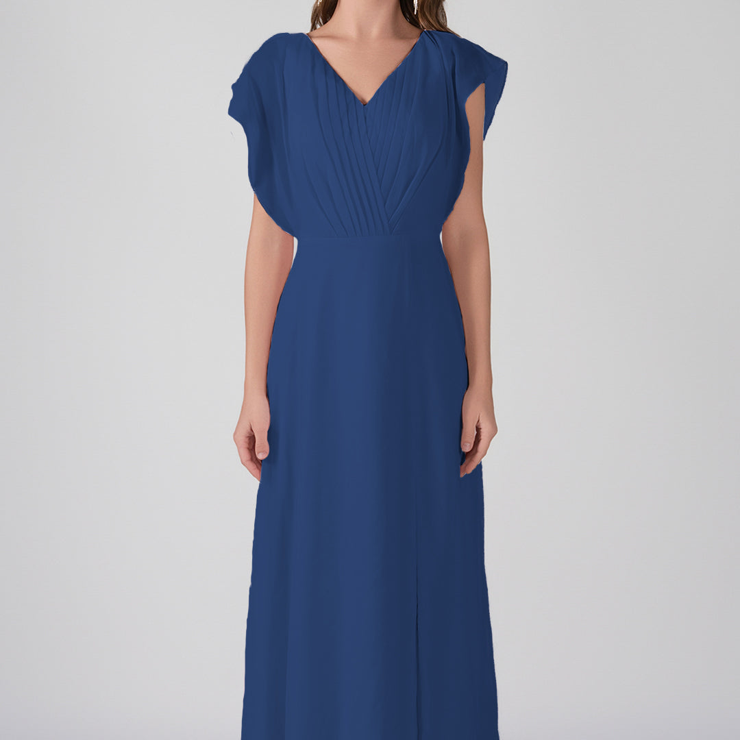 V-Neck Flutter Sleeves Pleats A-Line Maxi Dress