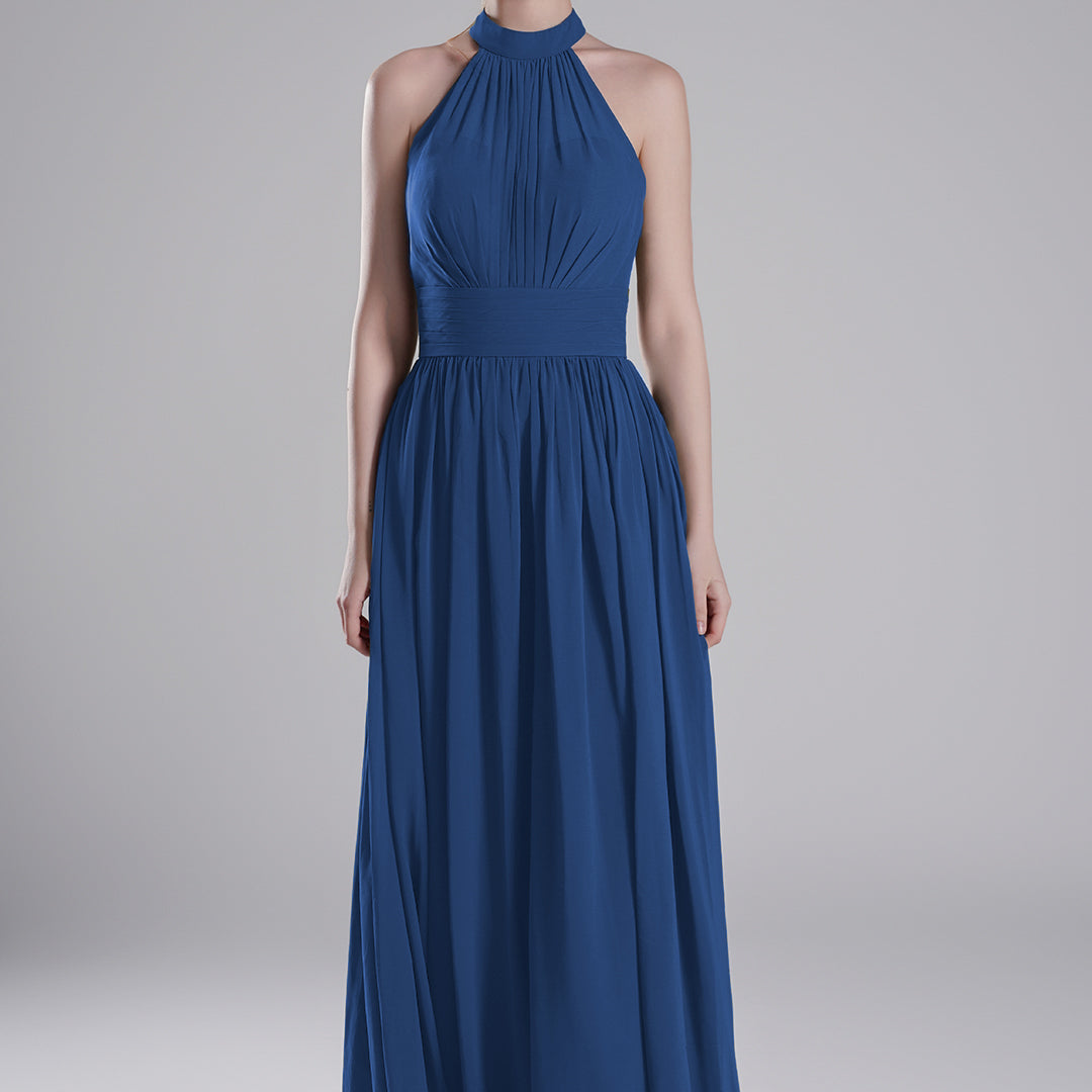 Halter Neckline Pleated Bodice Open Back A-Line Dresses