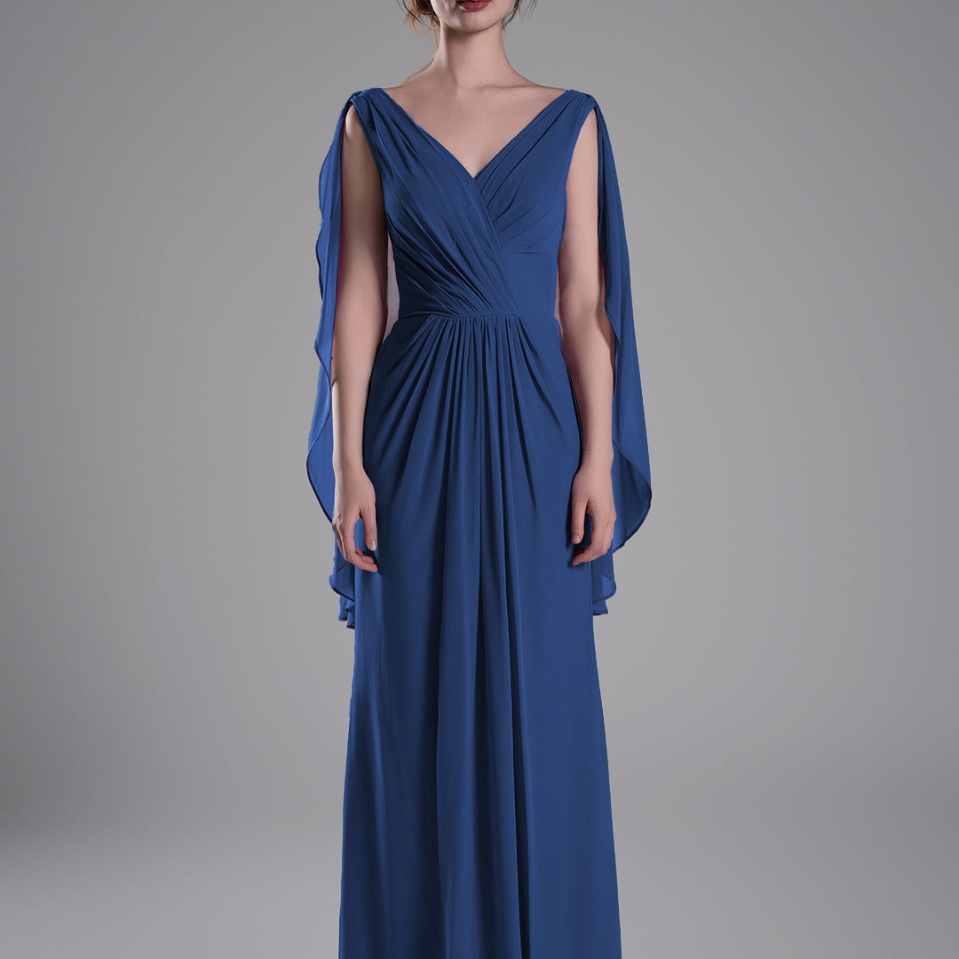 V-Neck Flowing Cape Sleeves Pleated Dress