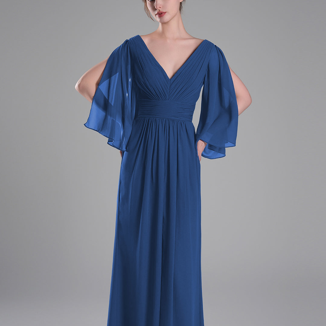 Flowing Chiffon Sleeves Ruched Waistline Slit Dresses