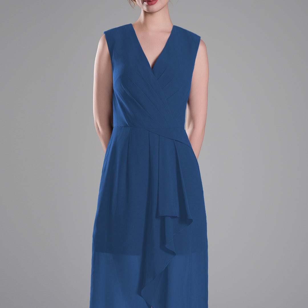 Sophisticated PleatedV-Neck Flared Hem Dress