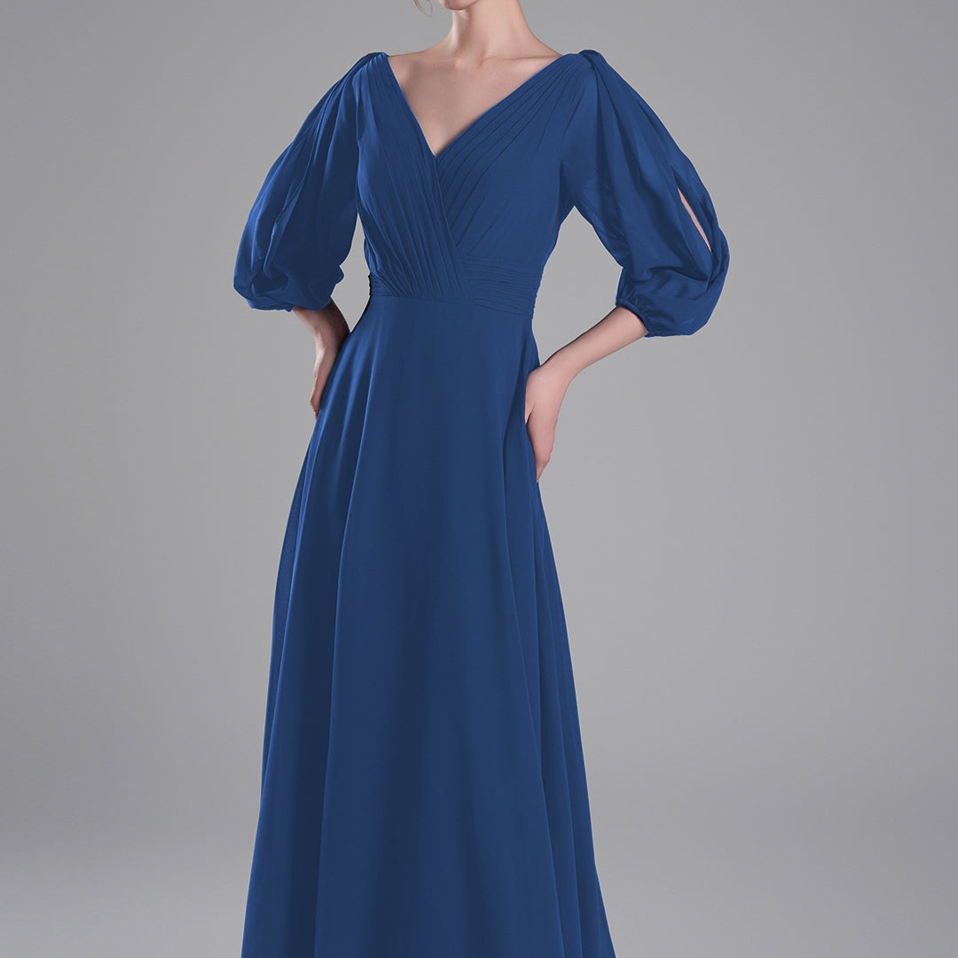V-Neck Puffy Sleeves Pleated A-Line Dresses