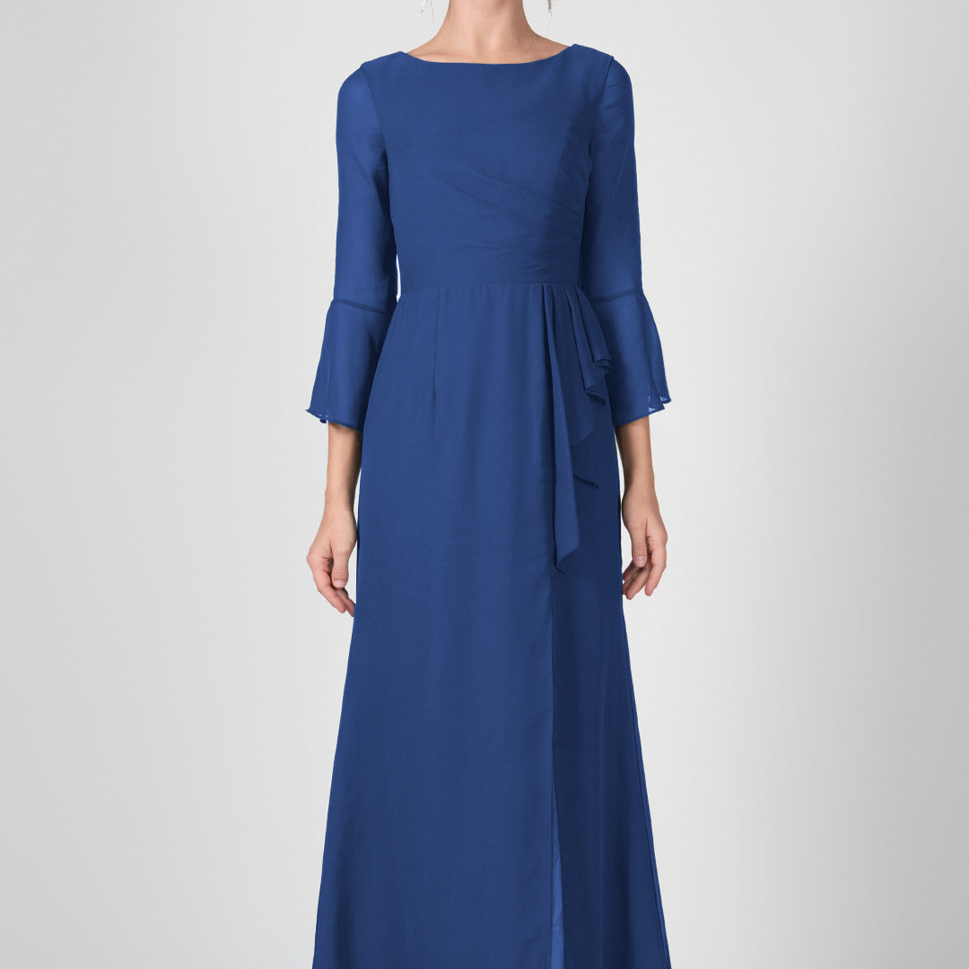 Bateau Neck Sheer Sleeve Split Maxi Dresses
