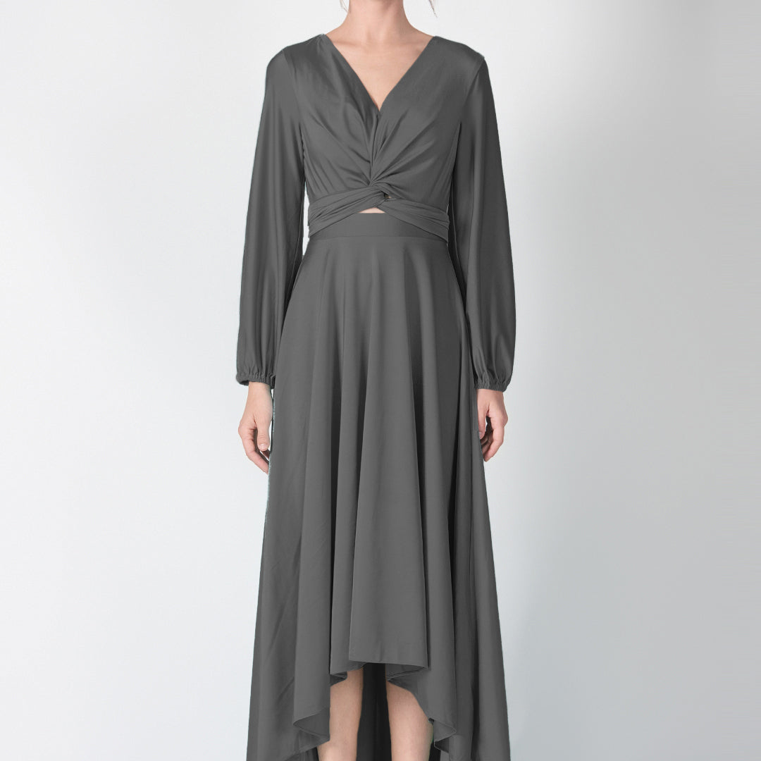 V-Neck Twist Front Detail High-Low Dresses