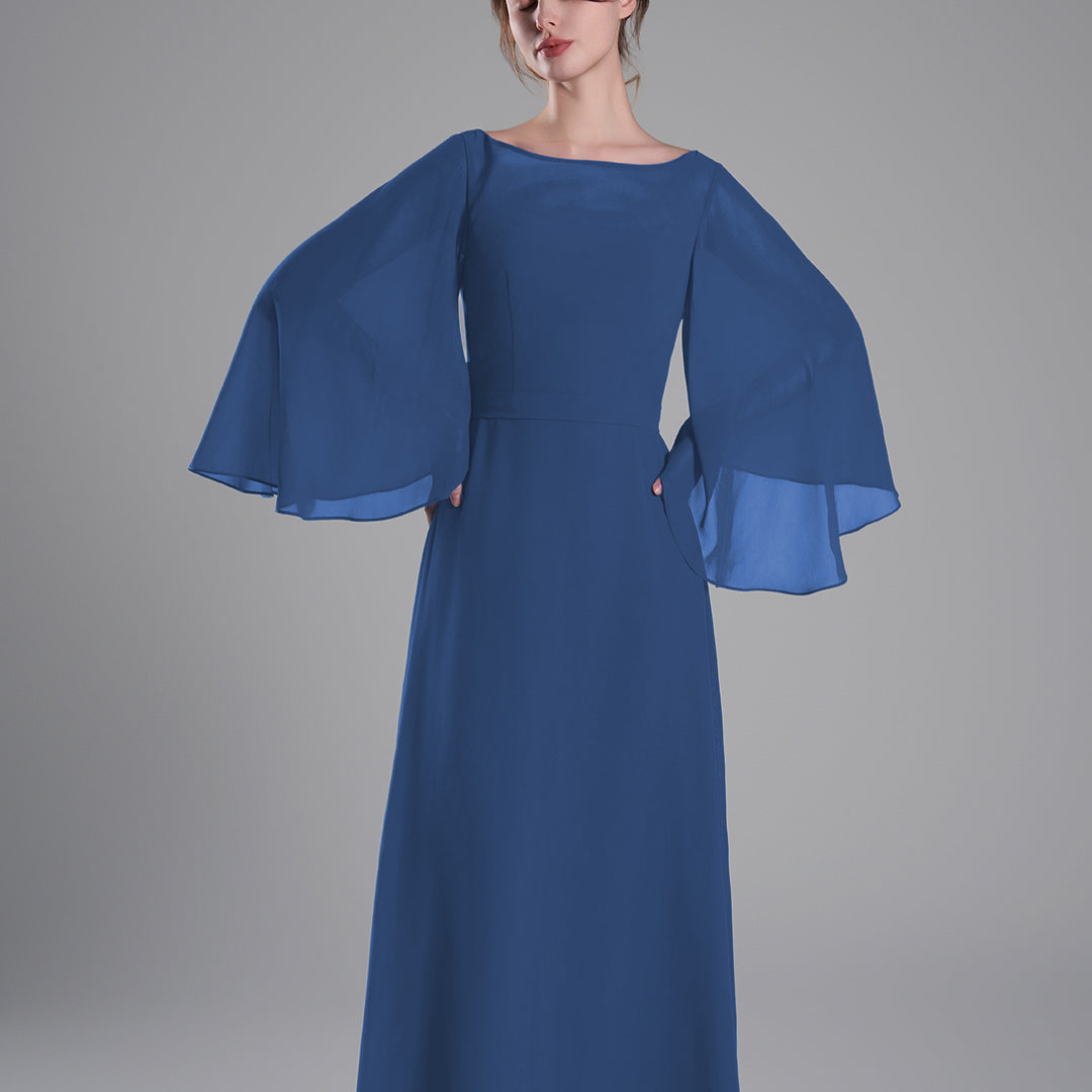 Boat Neckline Bell Sleeves Floor-Length A-Line Dresses