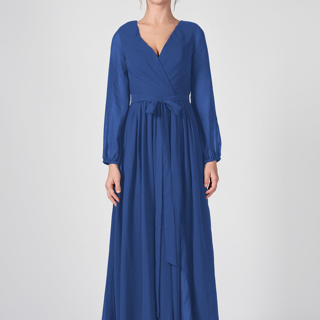Ruched V-Neck Long Sleeve Split Maxi Dresses with Tie