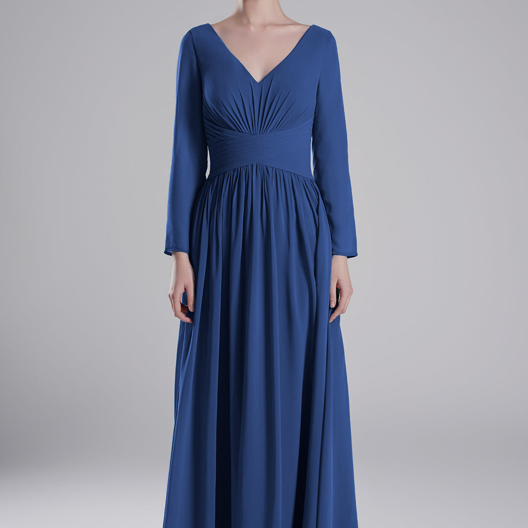 V-Neck Pleated Fitted Waist Flowing A-Line Dresses