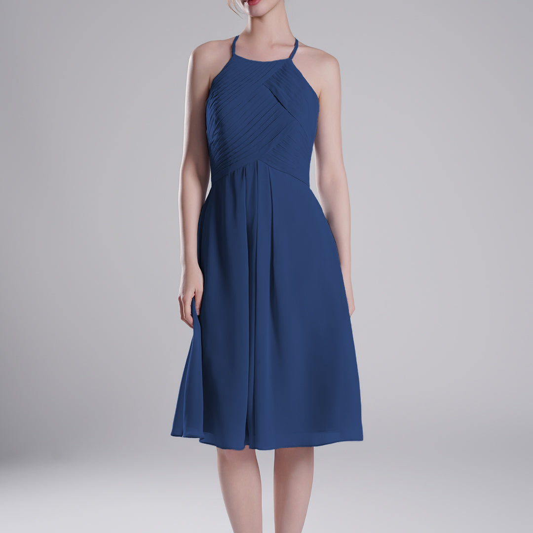 Halter Neckline Pleated Bodice Open Back Mini Dresses