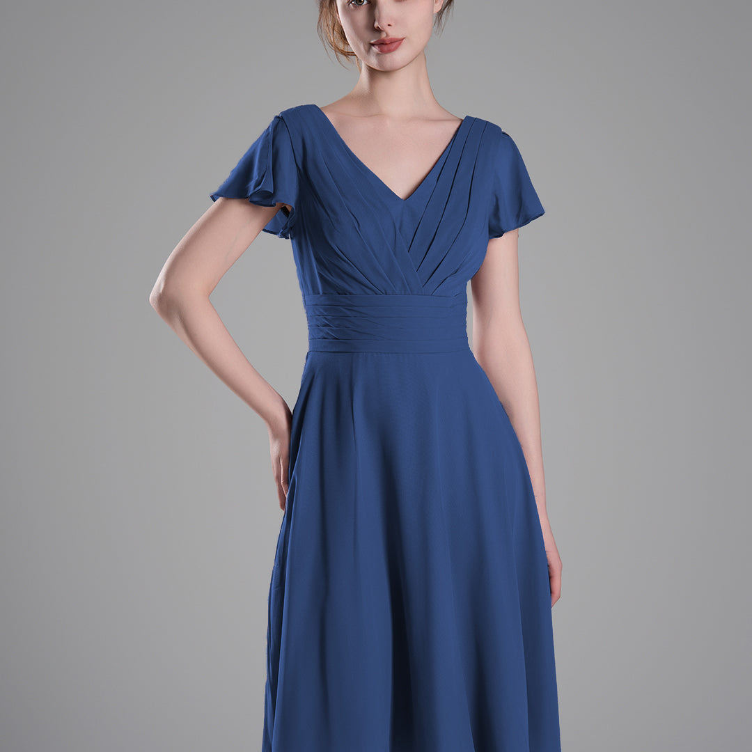 Flutter Sleeves Pleated V-Cut Back Mini Dresses