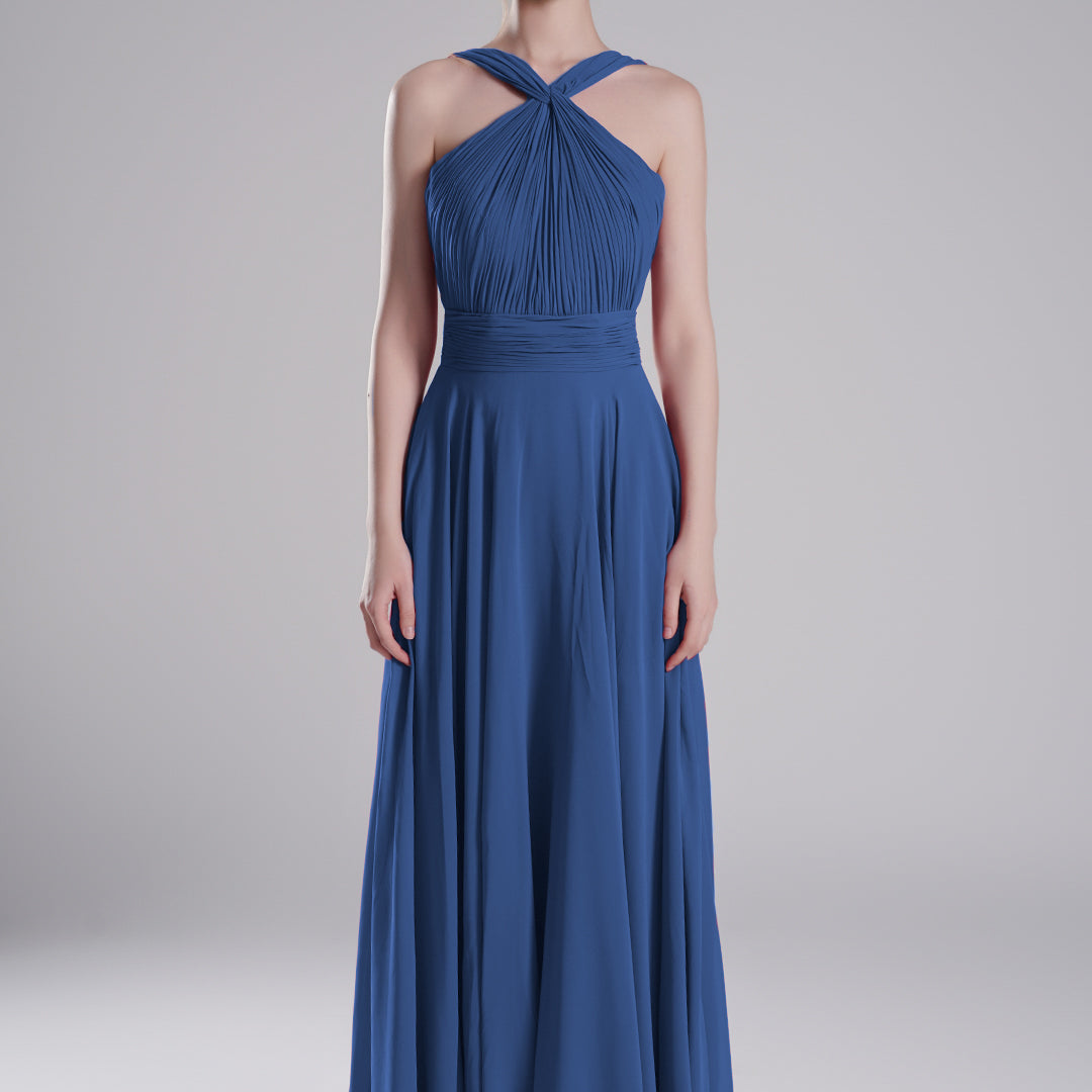 Halter Neck Cross Straps Pleated Waist A-Line Dresses