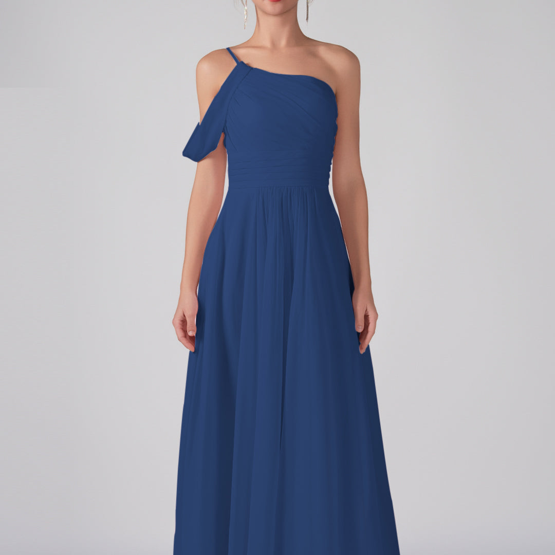 One Shoulder Off Shoulder Sleeve Ruched Bodice A-Line Maxi Dress