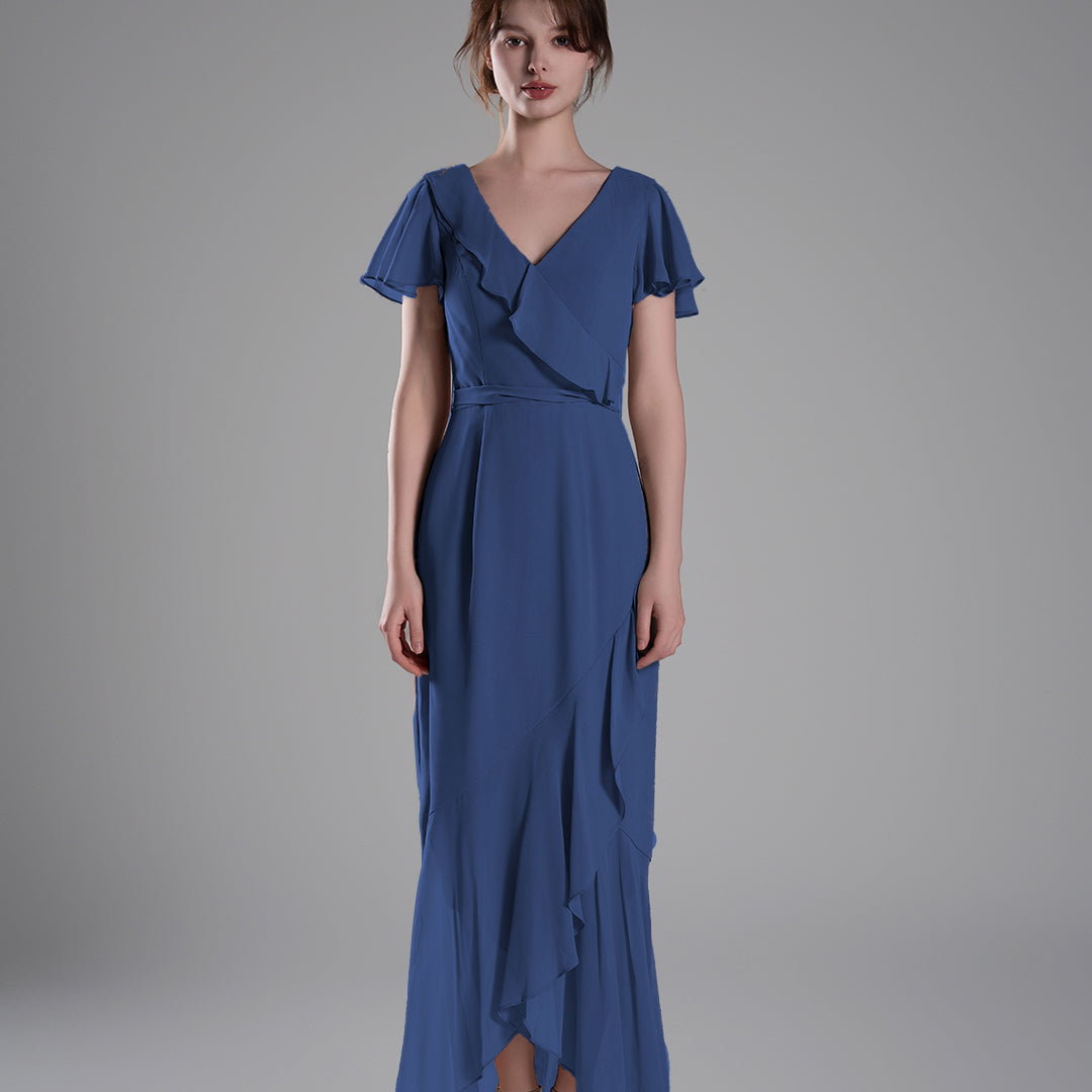 V-Neck Ruffled Detailing Pleated Patchwork Dresses