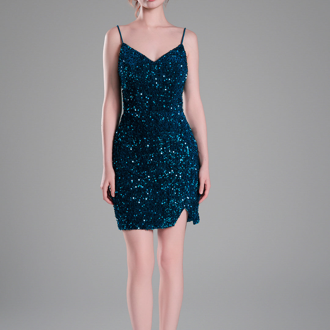 Spaghetti Straps Sparkling Velvet Sequin Mini Dress