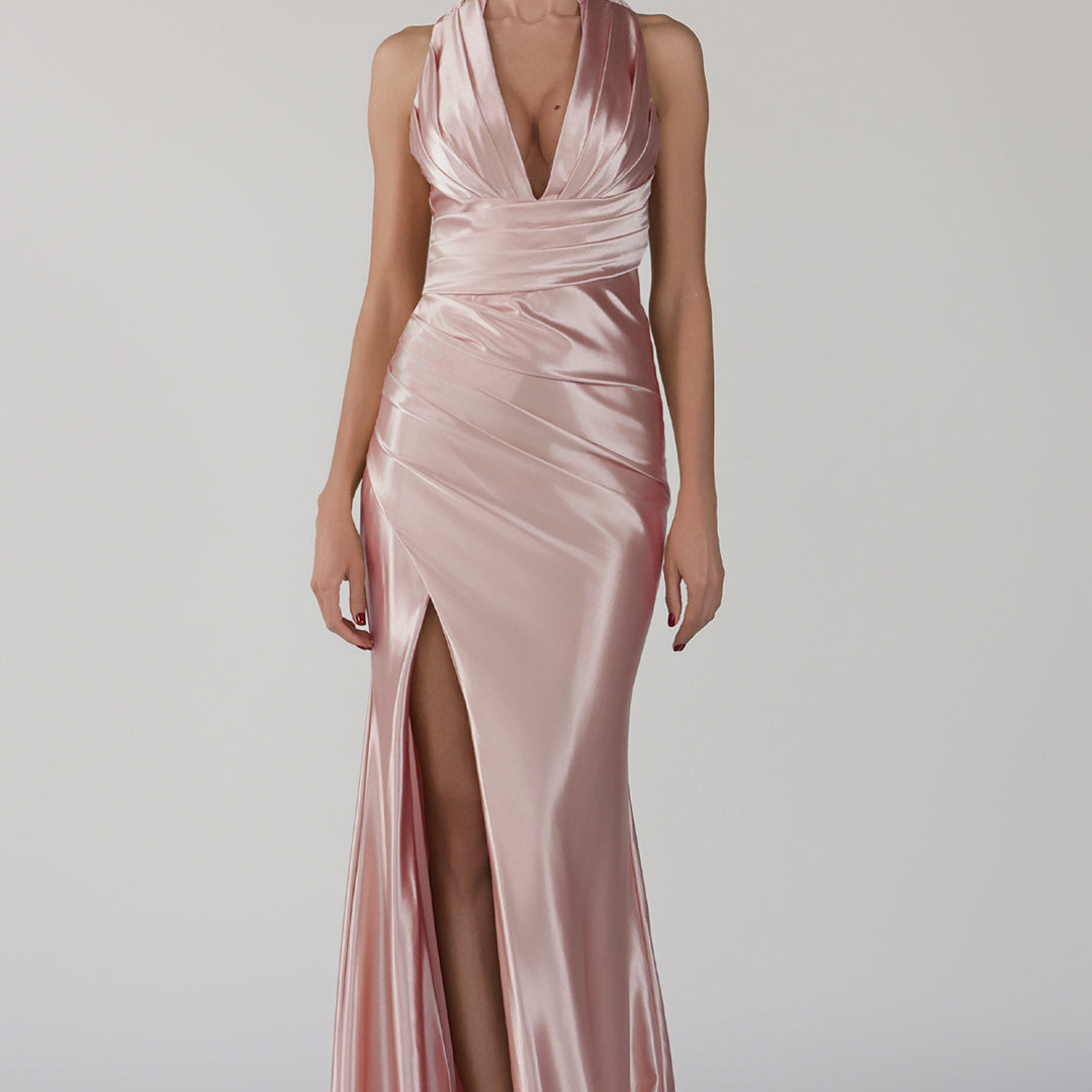 Robe de soirée à col en V et traîne nouée