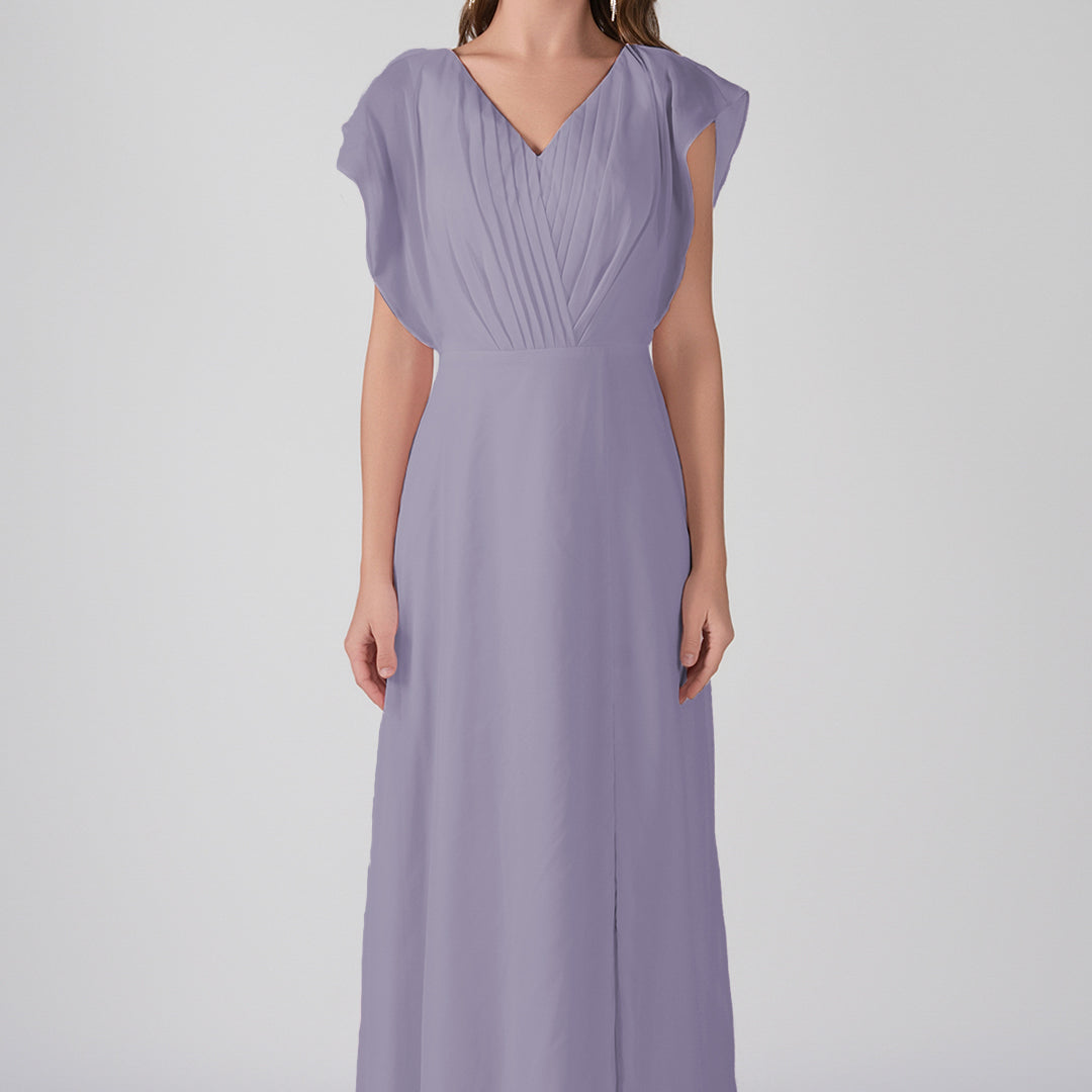 V-Neck Flutter Sleeves Pleats A-Line Maxi Dress