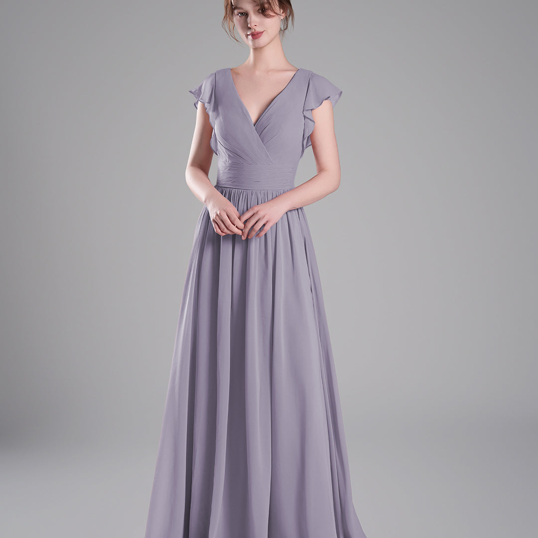 Flutter Sleeves Pleated Bodice Open Back Dresses